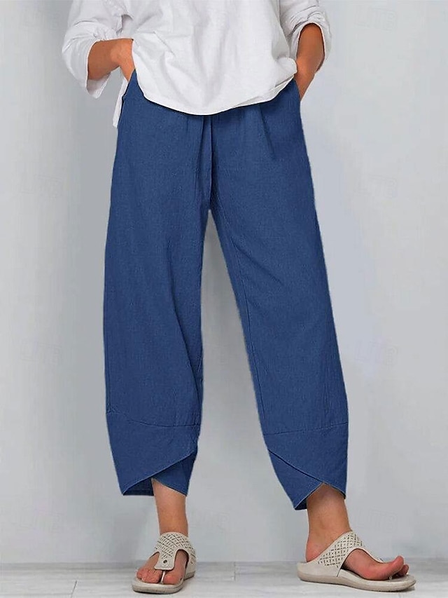  Women's Chinos Baggy Pants Cotton Linen Side Pockets Baggy Mid Waist Ankle-Length Navy Blue Summer