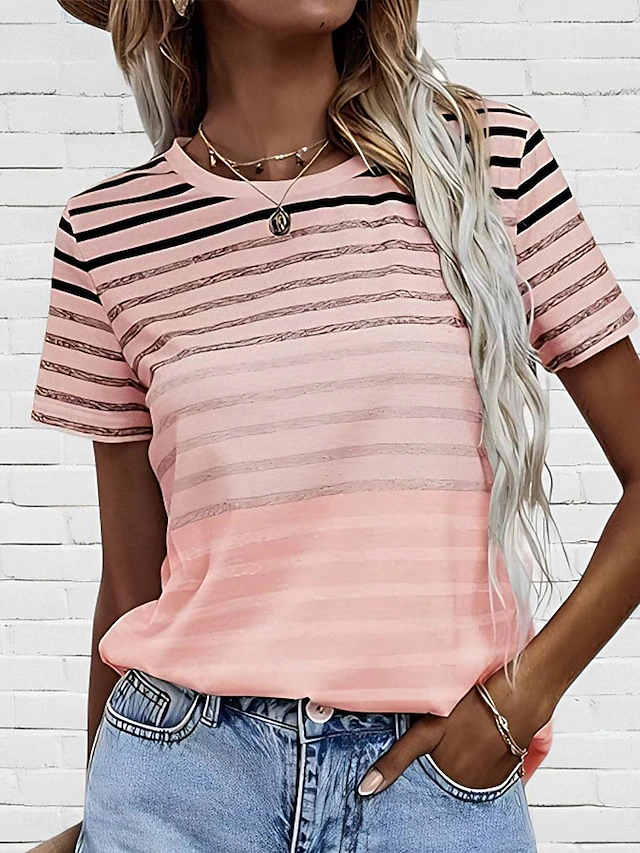 Women's T Shirt Casual Striped Print Short Sleeve Regular Tops Crew Neck Daily Pink Blue Purple Summer 6