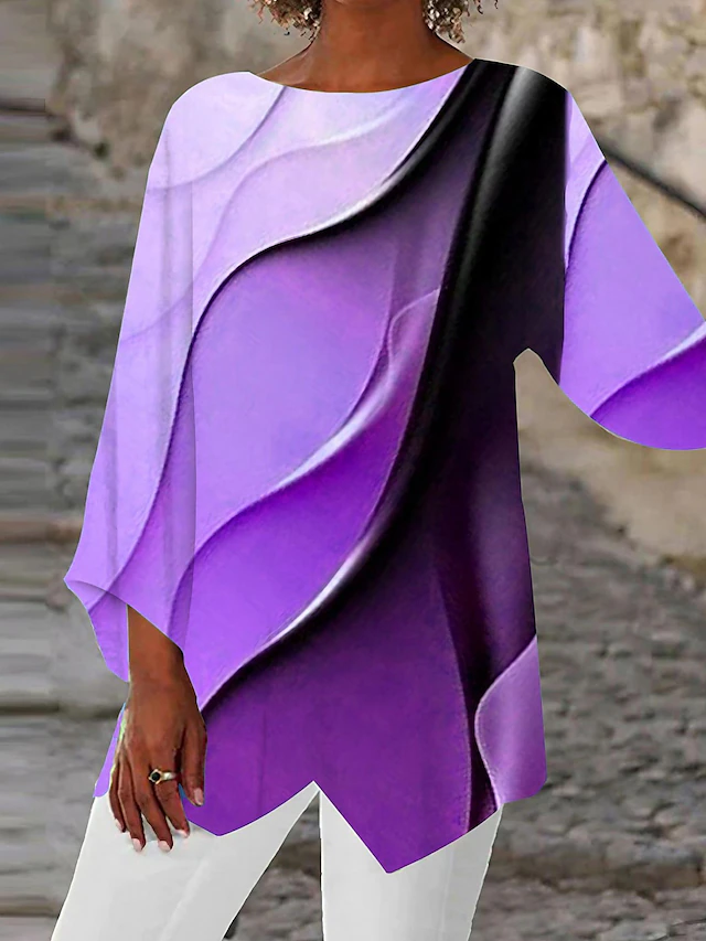 Women's Blouse Long Sleeve Asymmetrical Hem Tunic Top Chiffon Stylish Neon & Bright Ombre Print Asymmetric Hem Long Tops Round Neck Casual Daily Pink Purple Orange Green Gray Spring Fall 14