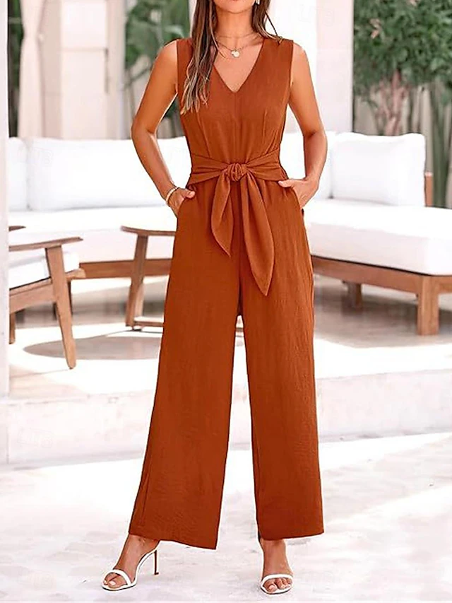 Women's Normal Jumpsuit Elegant Solid Color Sleeveless V Neck Lace up Pocket Office Business Regular Fit Black Wine Army Green Summer 26