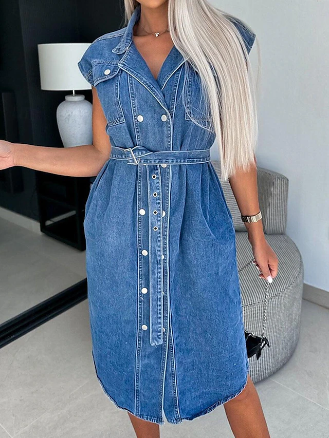 Women's Denim Dress Shirt Dress Midi Dress Date Vacation Denim Basic Modern Shirt Collar Pocket Belted Short Sleeve Summer Spring Regular Fit Plain 15