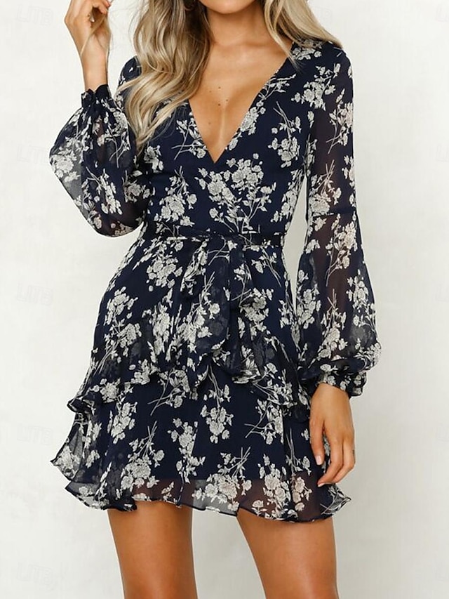  Damen Freizeitkleid Blumendruck V-Ausschnitt Minikleid Stilvoll Casual Täglich Date Langarm Herbst