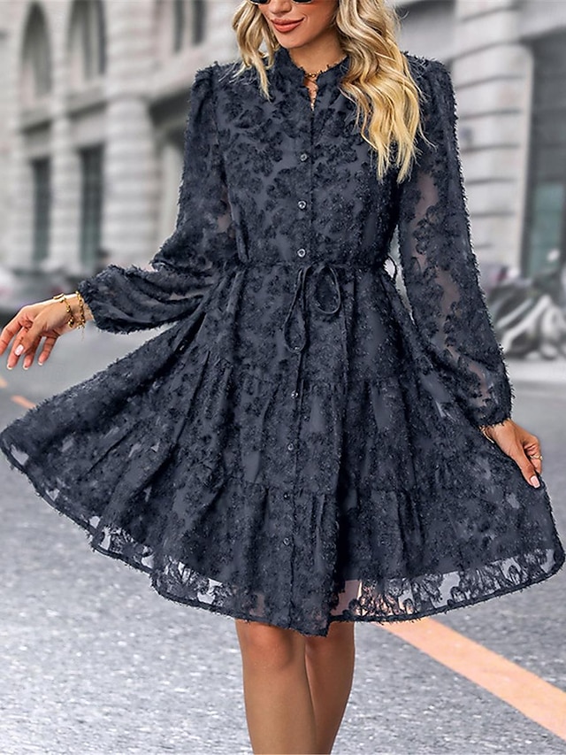  Damen Spitzenkleid Minikleid Angeschnallt Ausgefallene Ständer Langarm Schwarz Wein Marineblau Farbe