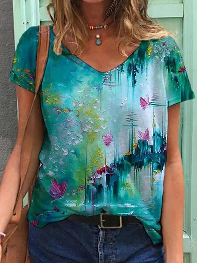 Women's T Shirt Floral Butterfly Fashion Modern Short Sleeve V Neck Regular Tops Vacation Daily Yellow Pink Blue Khaki Summer 6
