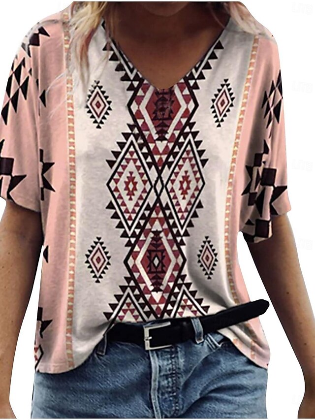 Women's Normal T Shirt Graphic Plaid Tribal Vintage Fashion Western Short Sleeve V Neck Regular Tops Vacation Daily Going out Patchwork Print Dusty Rose All Seasons2