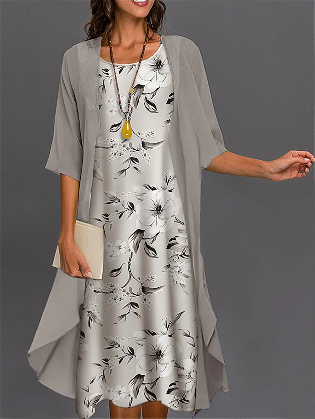 Women's Graduation Dress Midi Dress Two Piece Dress Set Dress Set Casual Dress Print Dress Elegant Fashion Floral Print 3/4 Length Sleeve Crew Neck Outdoor Daily Black White Pink Summer Spring 10