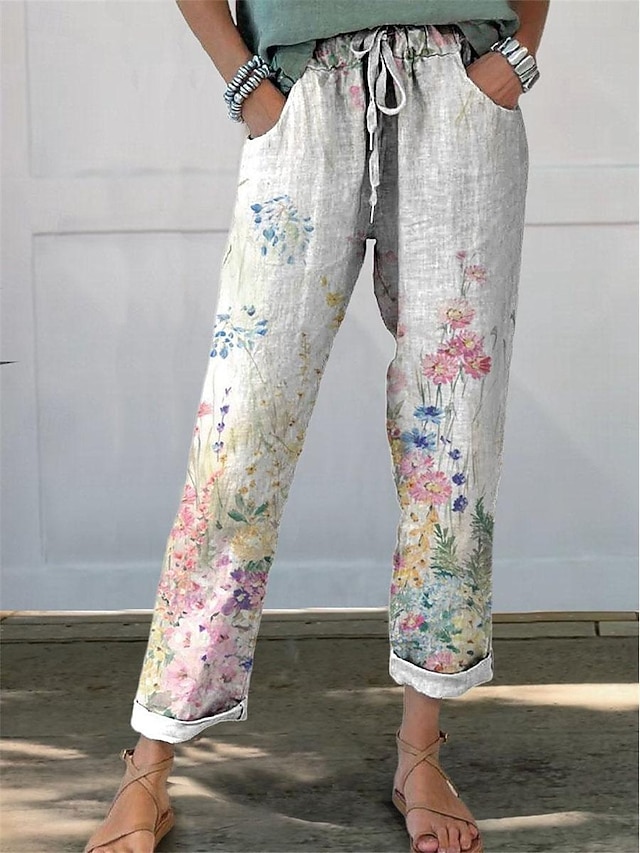  Pentru femei Pantaloni Drept Șic Stradă Casual Lung Talie Înaltă Floral Buzunar Imprimare Design Elastic cu Cordon Respirabilitate Απαλό Micro-elastic Vacanță Stradă Purtare Zilnică Alb Albastru