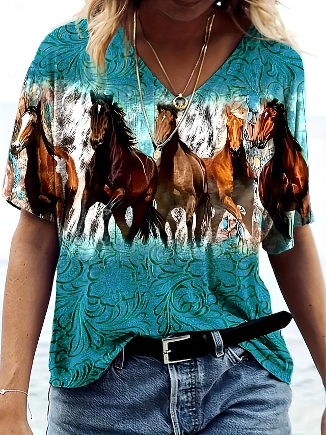 Women's T Shirt Casual Horse Print Short Sleeve Regular Tops V Neck Daily Blue Purple Green Summer 6