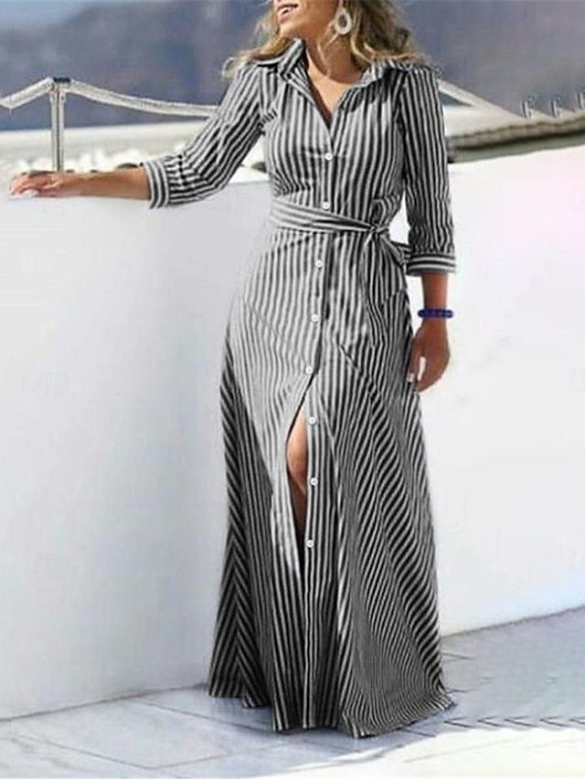  Pentru femei Negru Albastru piscină Vară Primăvară Rochie Maxi Rochii de in bumbac Rochii Tip Cămașă Rochie casual De Bază Modern Zilnic Sfârșit de săptămână Potrivire Largă Dungi Guler Cămașă