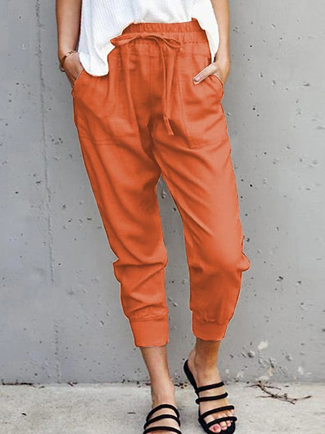 Women's Cotton Linen Pants Pants Trousers Casual Daily Ankle-Length Plain Drawstring Side Pockets Breathability Comfortable Inelastic Weekend White Army Green Orange Apricot Spring & Summer Regular 12