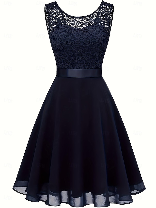  Women's Lace Dress Midi Dress Lace Wedding Party Elegant Formal Crew Neck Black White Dark Red Color