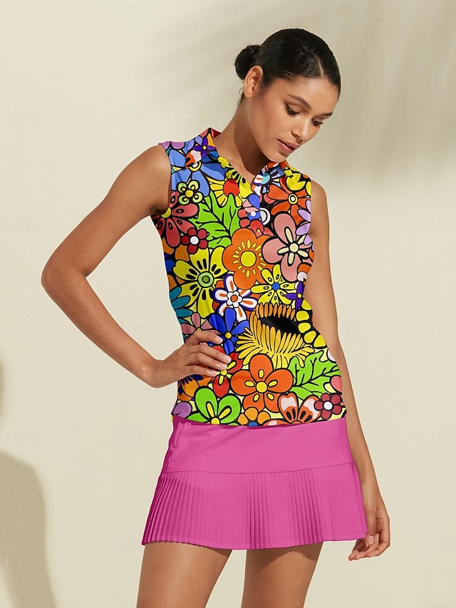  Women's Golf Polo Shirt Yellow Sleeveless Sun Protection Top Floral Ladies Golf Attire Clothes Outfits Wear Apparel