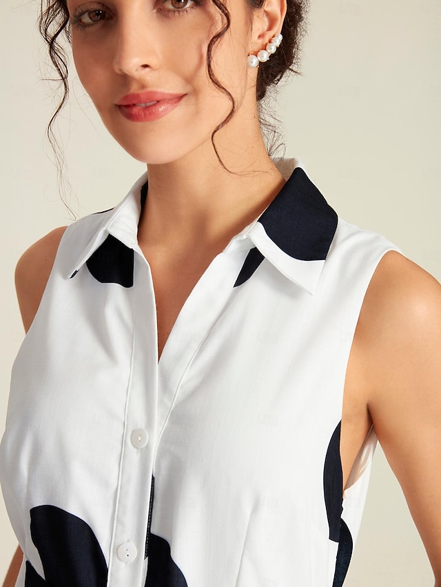  Femmes Robe Chemise Ourlet Maxi Robe maxi Blanche Sans manches À pois Avec Poches Ceinture à nouer Été Revers Décontracté Quotidien S M L