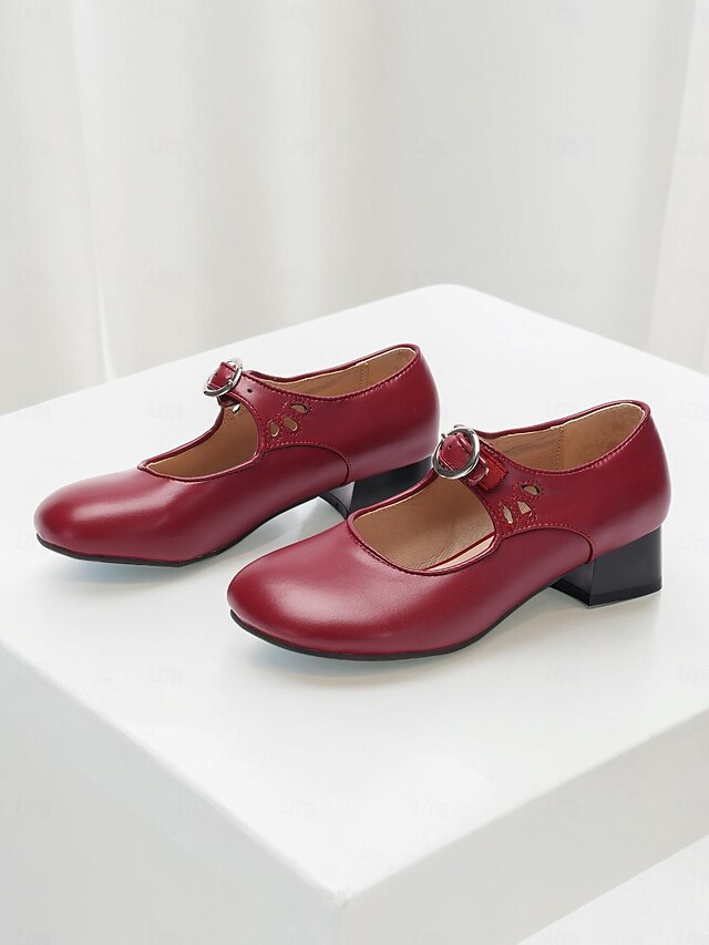 Women's Burgundy Mary Jane Pumps - Classic Low Heel Dress Shoes 7