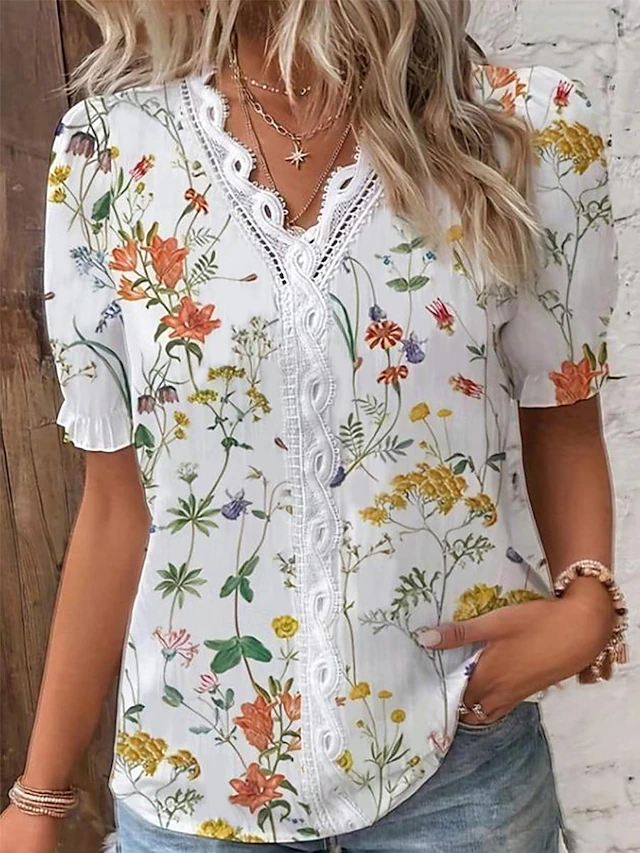 Women's Blouse V Neck White Elegant Lace Tops Eyelet Blouse Ethnic Floral Lace Puff Sleeve Short Sleeve Daily Romantic Petite Tops Summer Holiday Wear White Summer4