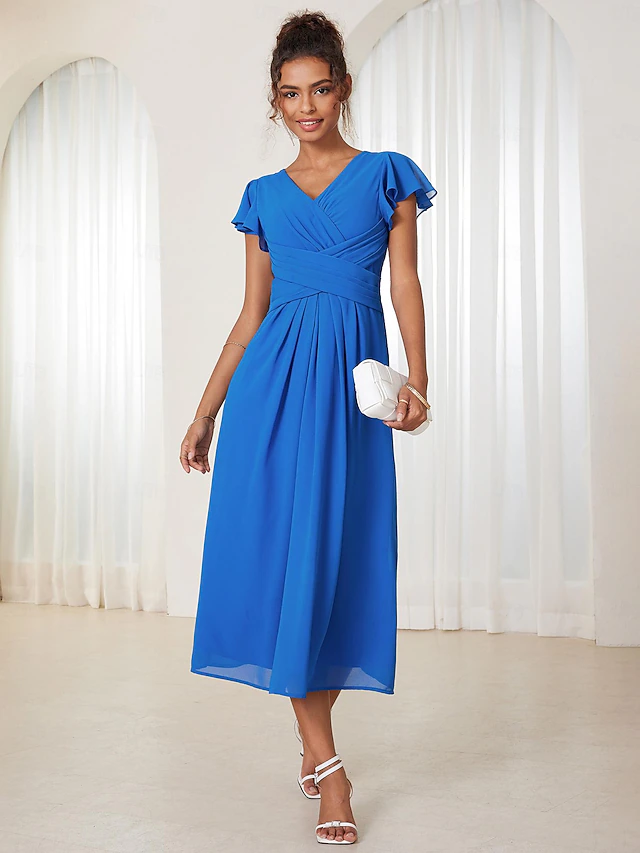 Women's Wedding Guest Cocktail Dress Chiffon Ruched Ruffle Elegant Formal Wrap Midi Dress V Neck Ruffle Sleeve Blue Green Color 22