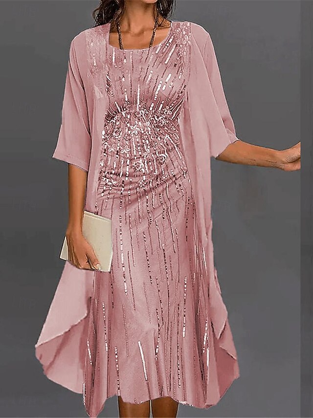 Women's Dress Set Chiffon Dress Tulle Dress Formal Geometric Print Midi Dress Half Sleeve Crew Neck Party Wedding Guest Pink Blue Green Summer Fall Regular Fit4