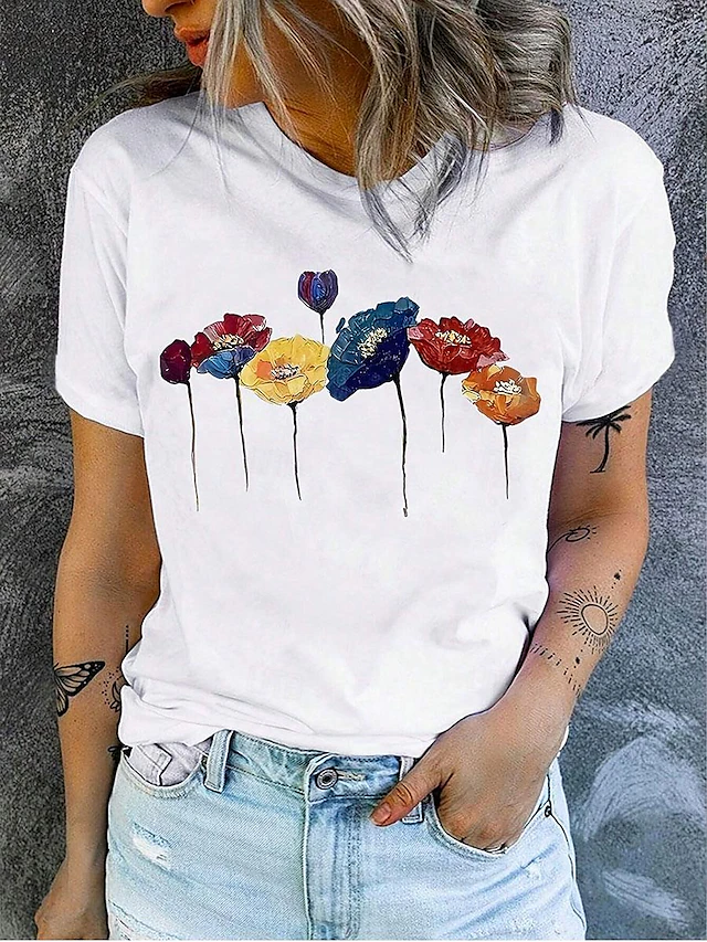Women's T Shirt Floral Poppy Casual Short Sleeve Crew Neck Regular Tops Daily Print White Summer4