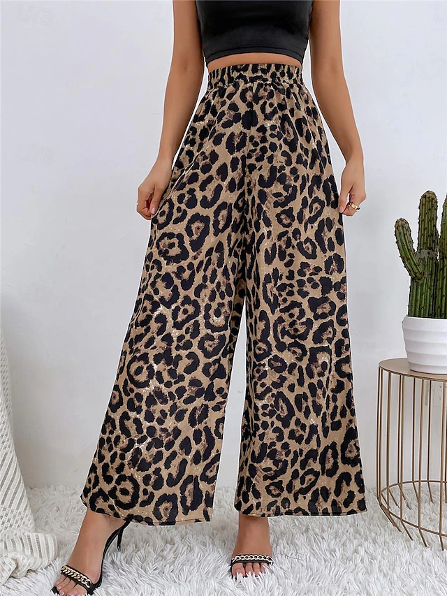 Women's Wide Leg Pants Trousers Streetwear Casual Long High Waist Floral Leopard Pocket Printing Elastic Drawstring Design Breathability Soft Micro-elastic Vacation Street Daily Wear Leopard Blue 11