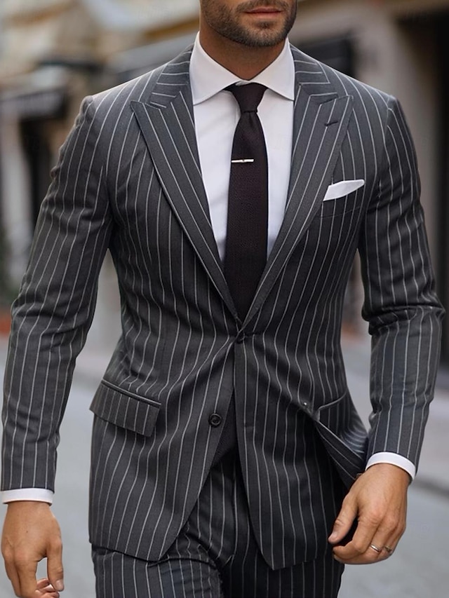 Black Men's Wedding Suits Striped 2 Piece Fashion Business Tailored Fit ...