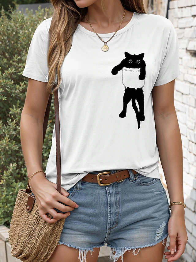 Women's T Shirt Cat Casual Short Sleeve Crew Neck Regular Tops Daily Print White Summer4