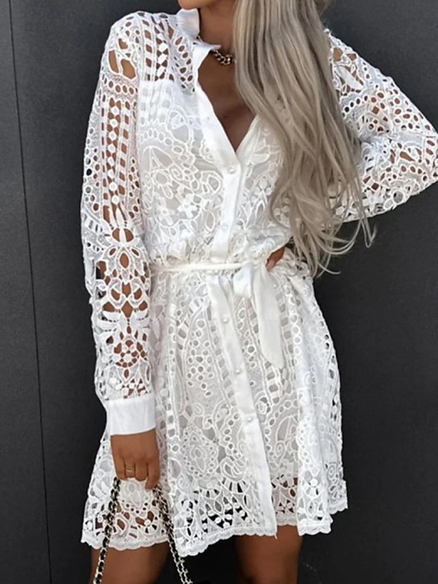  dames zwart wit kaki zomer lente mini jurk petite jurk witte jurk kanten jurk basic modern casual dagelijks weekend normale pasvorm effen v-hals