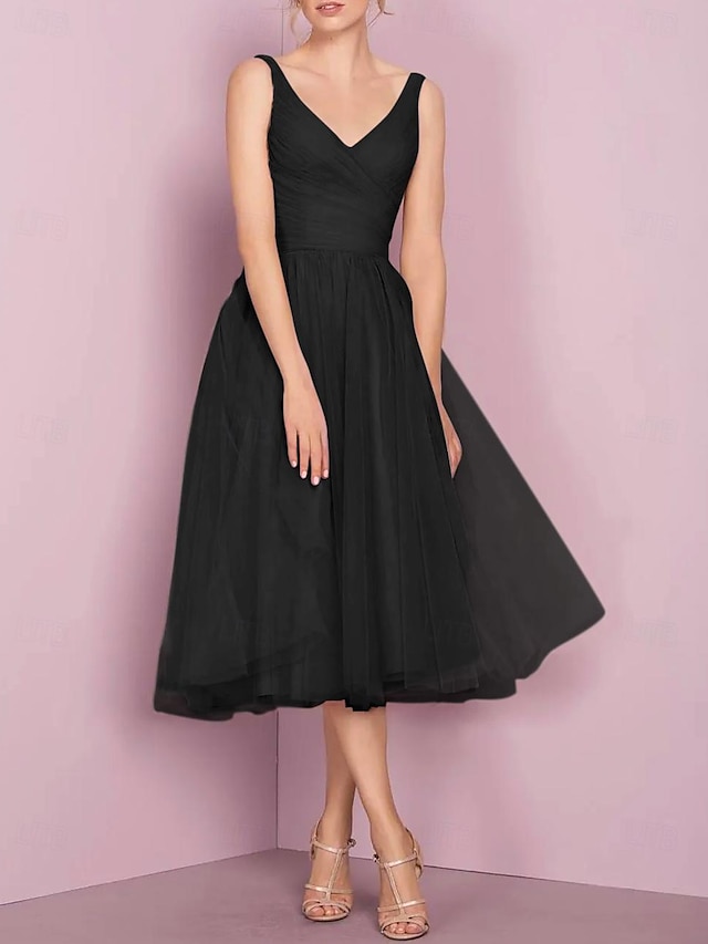  A-Linie Cocktailkleider Flirty Kleid Heimkehr Abschlussfeier Knielang Ärmellos V-Ausschnitt Kleid Tüll mit Falten