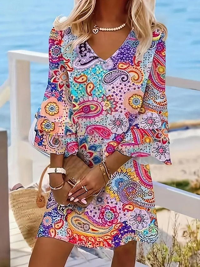  Damen Minikleid Halbformelles Kleid Minikleid Sommerkleid A Linie Kleid Stilvoll Rüschenärmel Ausgestellter Ärmel Urlaub Normale Passform Paisley-Muster Dreiviertelarm V Ausschnitt Magenta Hellgrün