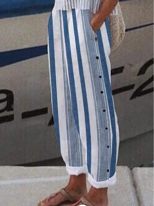  Dámské Bavlněné plátěné šortky Kalhoty inspirované plátnem Bavlněné plátěné kalhoty Běžné Denní Dlouhé Proužky Šňůrky Boční kapsy Prodyšnost Pohodlné Neelastické Víkend Vodní modrá Jaro léto Běžný