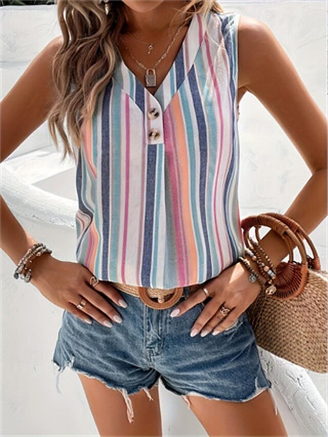 Women's Camisole Tank Top Casual Striped Buttons Print Sleeveless Regular Tops V Neck Daily Pink Summer4