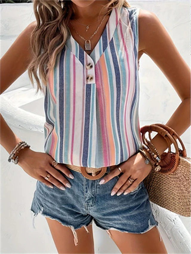 Women's Camisole Tank Top Casual Striped Buttons Print Sleeveless Regular Tops V Neck Daily Pink Summer4