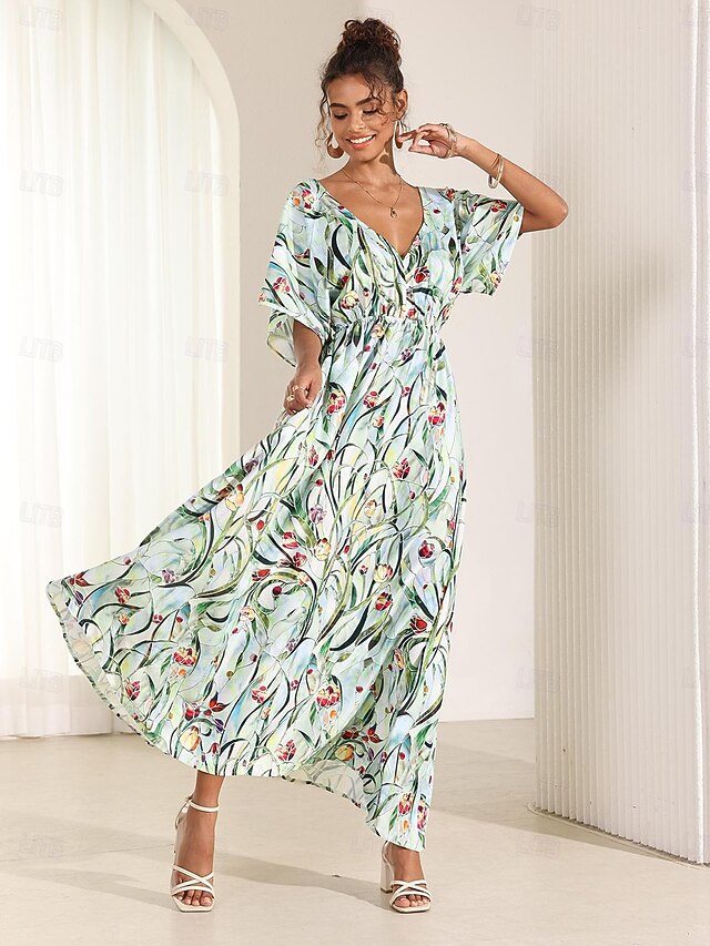 Women's Midi Dress Swing Dress A Line Dress Summer Dress Elegant Bohemia Tropical Flutter Sleeve Vacation Daily Date Loose Fit Floral Short Sleeve V Neck Blue Green Summer 13