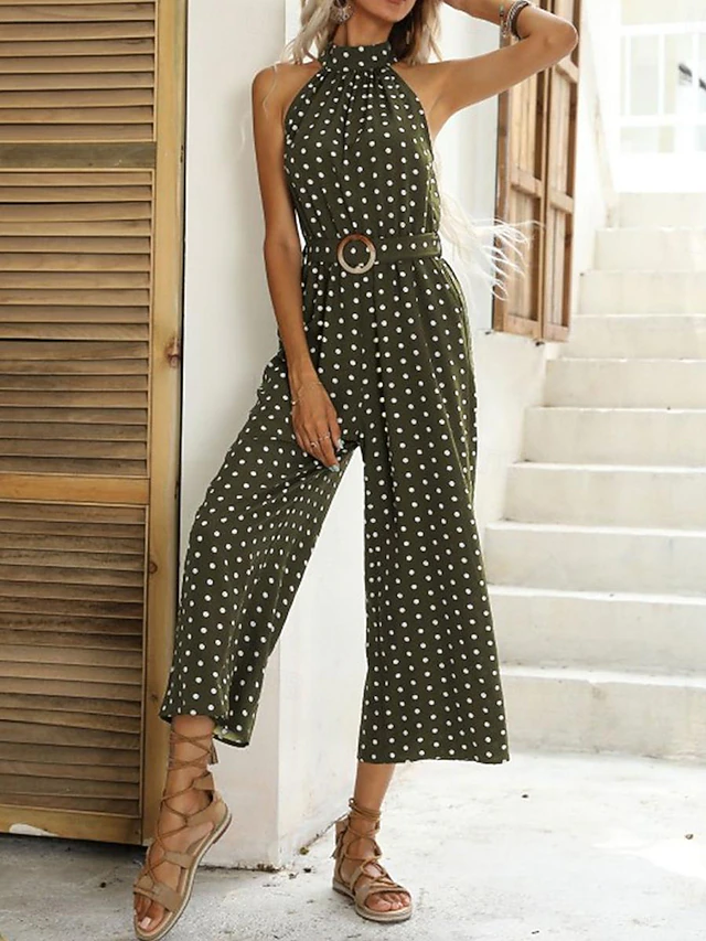 Women's Normal Jumpsuit Streetwear Polka Dot Sleeveless Halter Neck Pocket High Waist Street Daily Regular Fit Black Green Summer 9