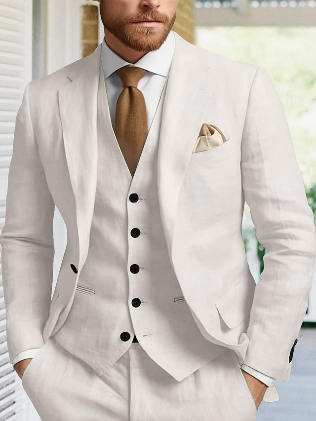  Costumes de mariage en lin pour hommes beiges été couleurs unies coupe ajustée 3 pièces à simple boutonnage un bouton