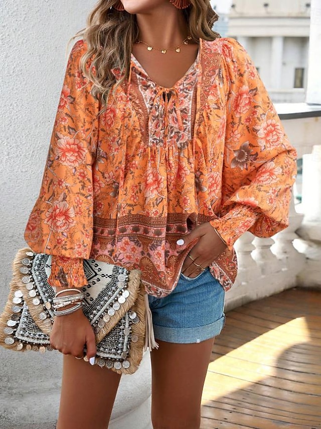  blusa feminina estilosa boho floral amarrar frente manga lanterna manga longa amarrar pescoço diário rosa azul marinho laranja verde verão