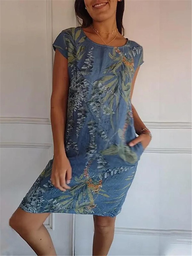  Mujer Mini vestido Vestidos inspirados en el lino Vestido de lino de algodón Vestido de verano Casual Vacaciones Diario Playa Ajuste regular Floral Manga Corta Cuello Barco Blanco Azul Piscina Color