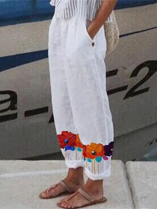 Women's Pants Trousers Straight Streetwear Casual Long High Waist Floral Pocket Printing Elastic Drawstring Design Breathability Soft Micro-elastic Vacation Street Daily Wear White Yellow Red Blue 5