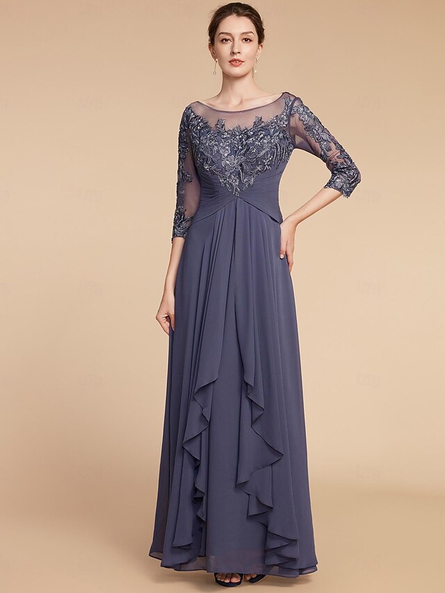 TS A-Line Mother of the Bride Dress Elegant V Neck Floor Length Chiffon ...