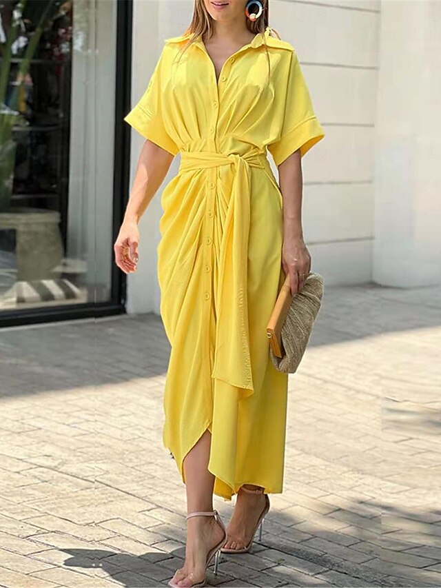  Women's Shirt Dress Casual Dress Sheath Dress Midi Dress Date Vacation Basic Modern Shirt Collar Ruched Button Short Sleeve Summer Spring Loose Fit Plain