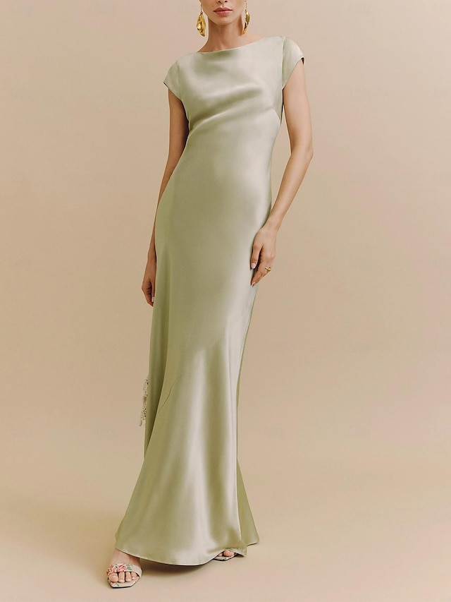  Robes de mariage invitée fourreau sauge Élégante Robe Formelle Cravate noire Longueur au sol Manches courtes Col bateau Charmeuse Dos nu avec fronces 2025