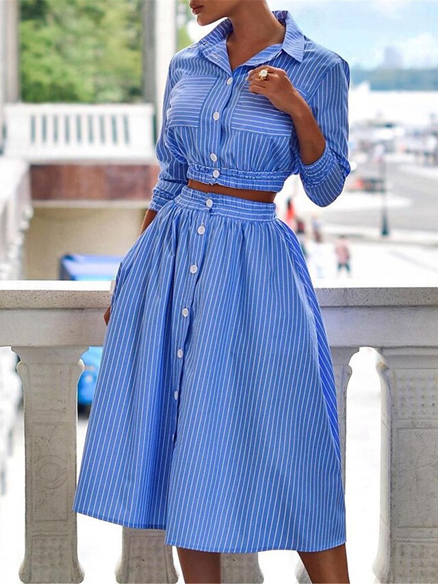 Women's Dress Set Shirt Dress Classic Modern Stripe Buttons Long Dress Maxi Dress 3/4 Length Sleeve Shirt Collar Office Daily Black Blue Green Summer Regular Fit 10