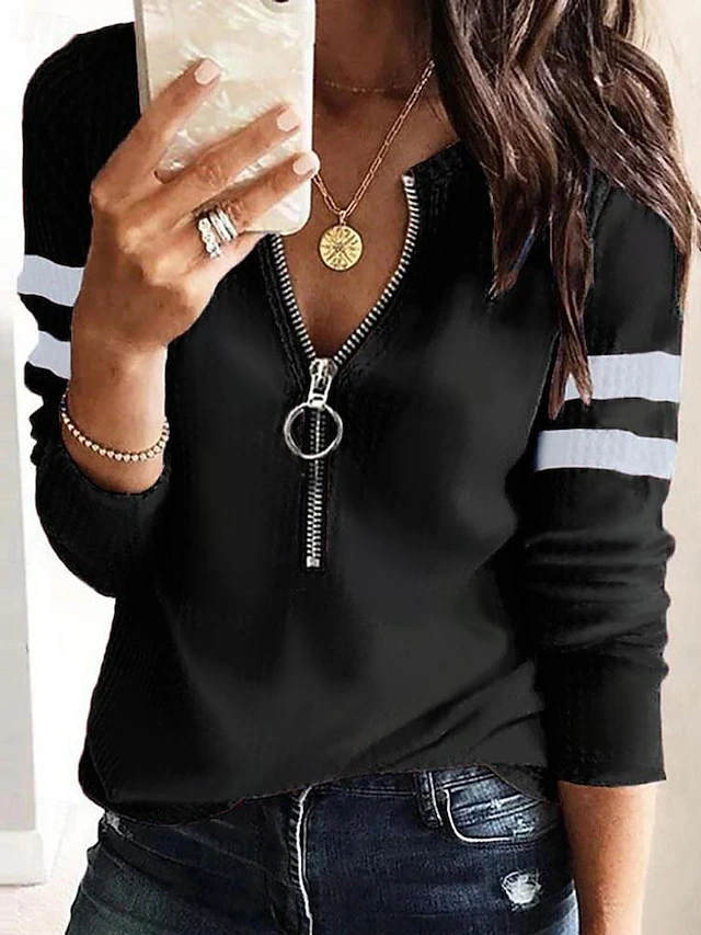 Women's T shirt Long Sleeve Quarter Zip Long Sleeve Casual Zip Up Sweatshirt Sweatshirt Pullover Sports Basic Textured Waffle Street V Neck Half Zip Black White Red Blue Gray Fall & Winter Prefall 10