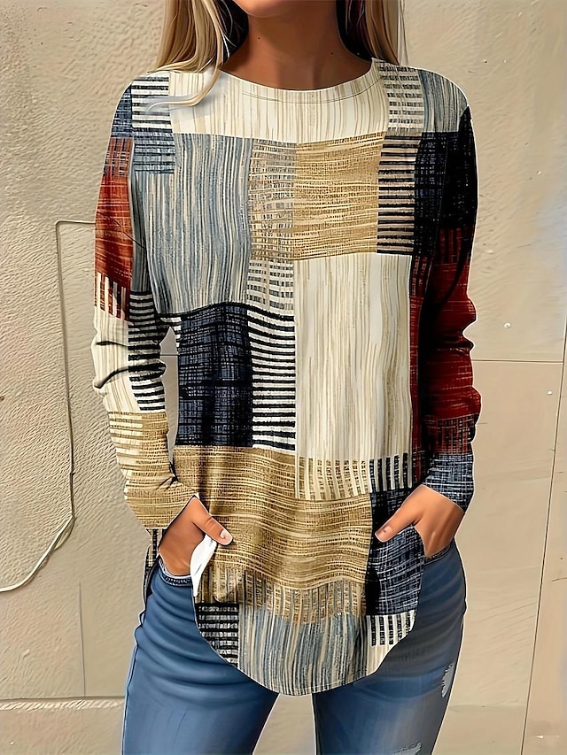  Femme Normal T shirt Graphic Plaid Rétro Vintage Mode Décontractées manche longue Col Rond Hauts réguliers Vacances du quotidien Sortie Patchwork Imprimer Jaune Rose Claire Gris Clair Toutes les
