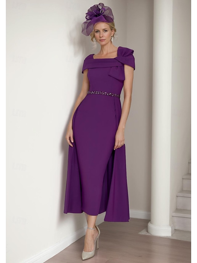  Sheath Brautmutter Kleid Elegantes Quadrat-Ausschnitt Tee-Länge Stretch-Stoff Kurzarm mit Schleife(n) Tier Einfarbig Rennsport Kleid kostenlose Maßanfertigung