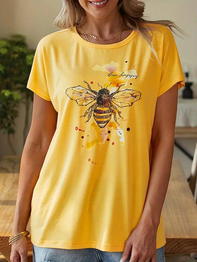 Women's T Shirt Bees Stylish Casual Short Sleeve Crew Neck Regular Tops Daily Print Yellow Pink Blue Green Summer 9