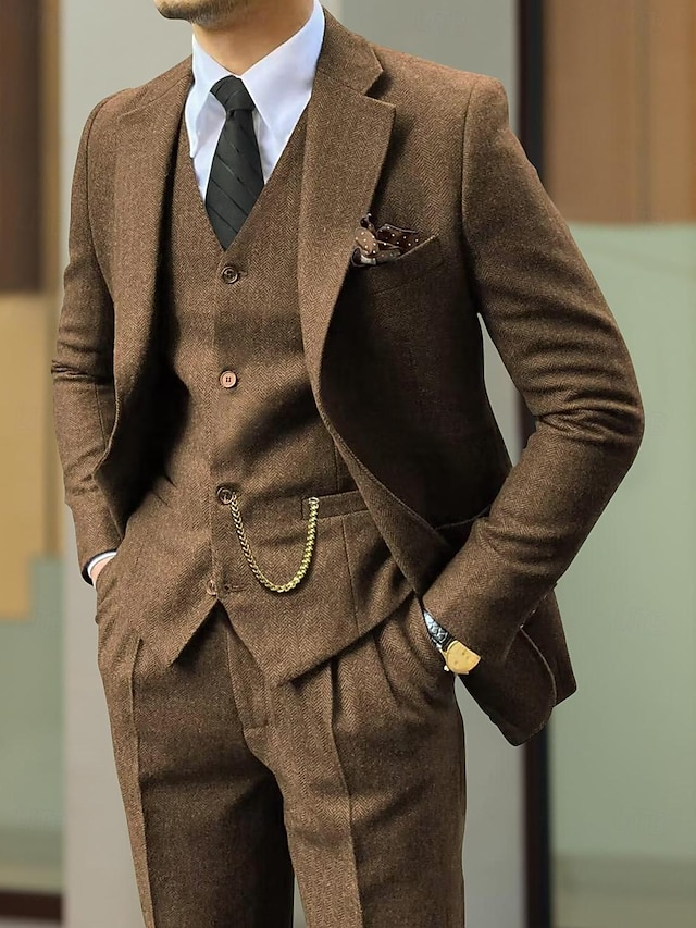  Herr Bröllop Tweeddräkter Brun Retro / vintage Fiskben Skräddarsydd passform 3 delar set Singelknäppt Två knappar