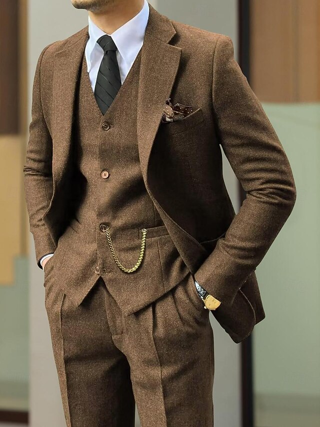 Men's Wedding Tweed Suits Brown Retro Vintage Herringbone Tailored Fit 3 Piece Single Breasted Two-buttons4
