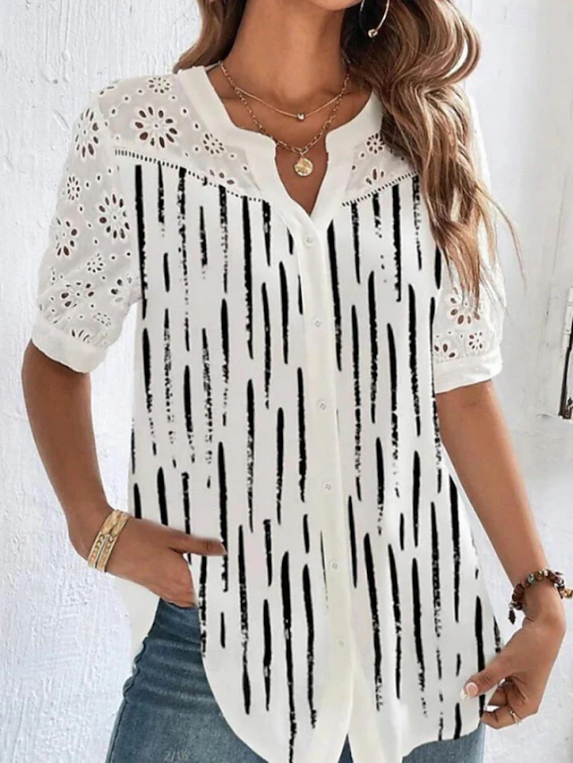 Women's Shirt Blouse Dressy Tops Casual Floral Buttons Cut Out Print Short Sleeve Regular Tops V Neck Vacation Daily Black Pink Blue Light Blue Summer 5
