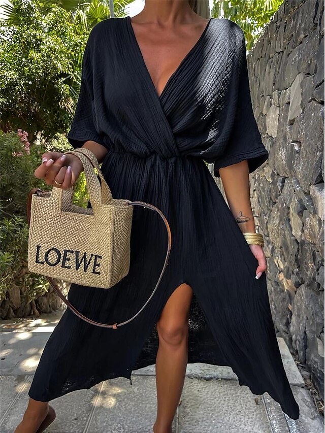 Dames Zwart Wit Abrikoos Zomer Lente Halflange jurk Linnen-geïnspireerde jurken Basic Casual Vakantie Dagelijks Ruim Passend Effen V-hals