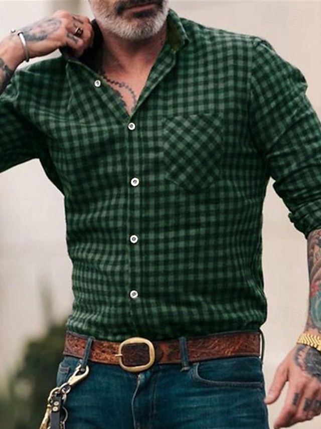  Men's Shirt Summer Shirt Button Up Shirt Plaid Shirt Designer Shirt Wine Blue Purple Green Long Sleeve Tartan Standing Collar Going out golf shirts Patchwork Clothing Apparel Punk & Gothic